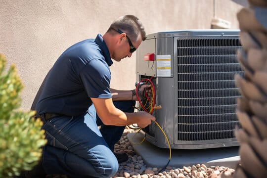 HVAC Specialist Diagnosing Heat Pump System in Monterey Bay Area